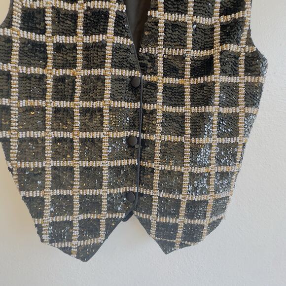 Vintage Theo Black Gold Sequin Beaded Vest Women’s M Holiday Party Top - Picture 6 of 9